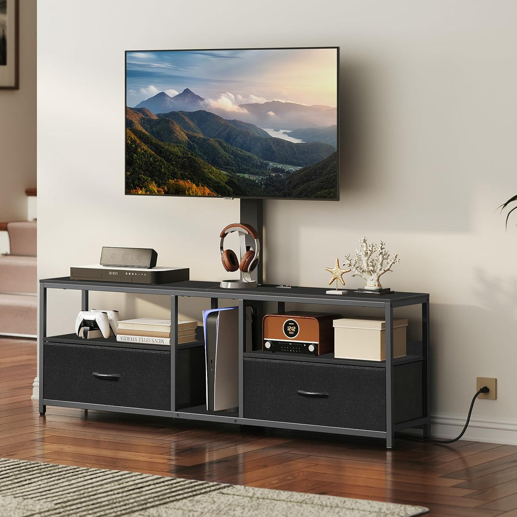MAHANCRIS TV Stand with Mount for up to 75', Entertainment Center with Switch-Controlled Charging Station, Swivel TV Stand Mount with Fabric Drawers, for Living Room, Black TVBK154E01N2