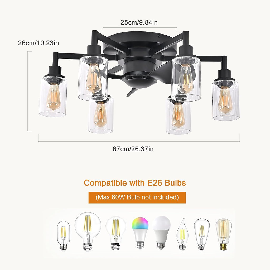 Garwarm 26.4' Ceiling Fans with Lights, Black Flush Mount Ceiling Fan with Lights Remote Control,Low Profile Bladeless Ceiling Fan Light Fixture for Bedroom, Kitchen, Dining Room