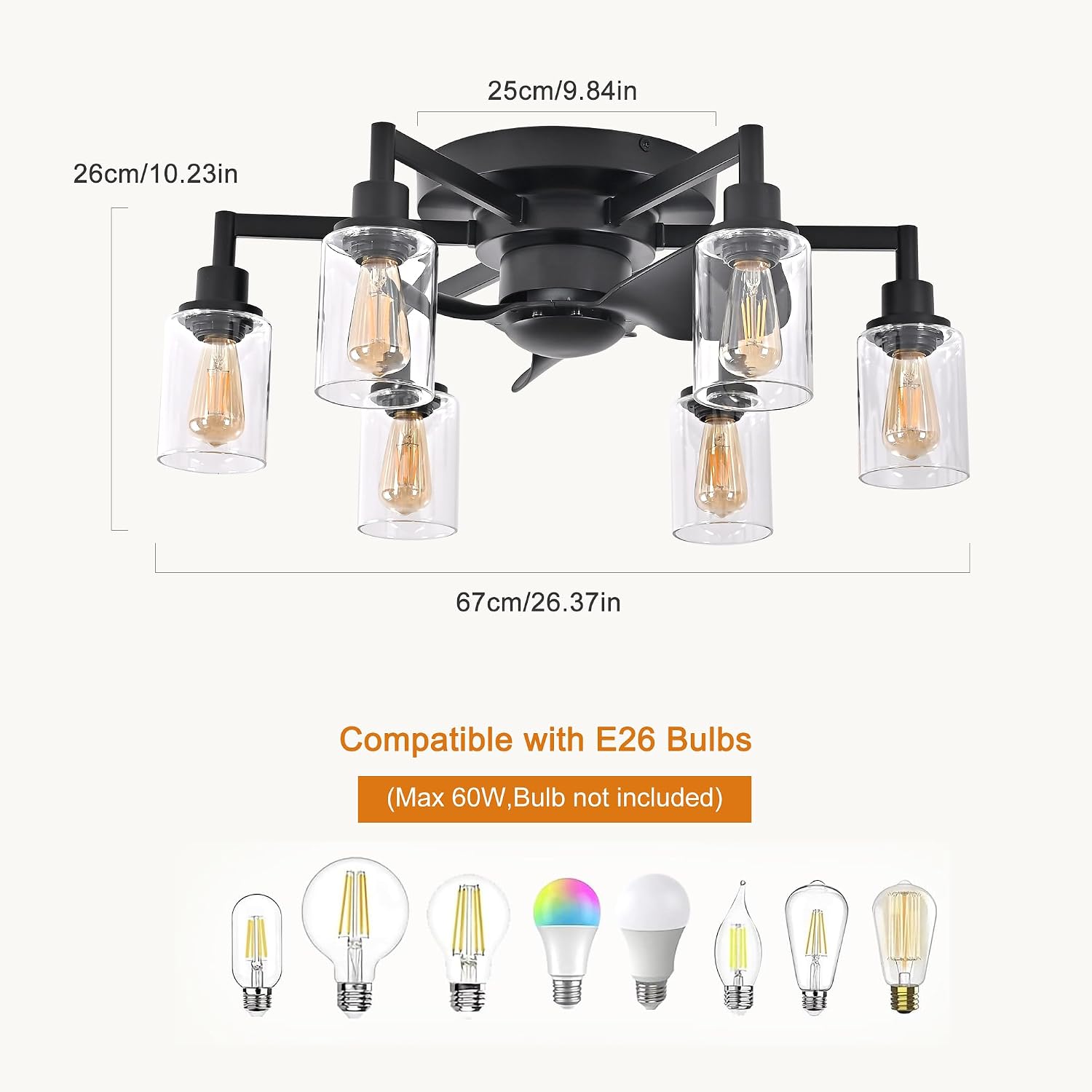 Garwarm 26.4' Ceiling Fans with Lights, Black Flush Mount Ceiling Fan with Lights Remote Control,Low Profile Bladeless Ceiling Fan Light Fixture for Bedroom, Kitchen, Dining Room