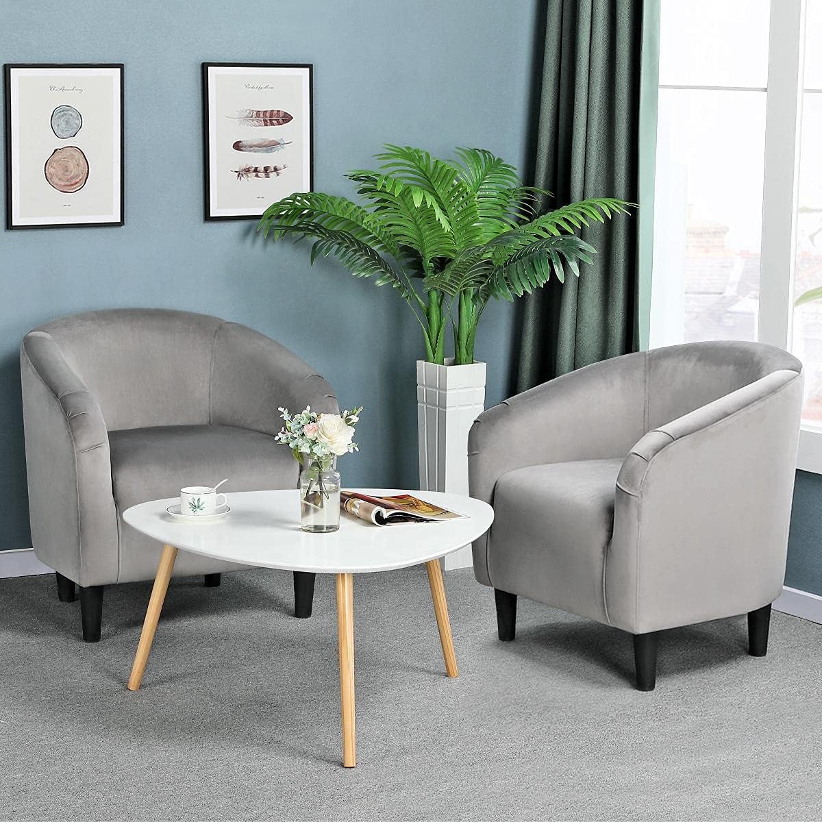 Yaheetech Living Room Chair, Velvet Accent Chair, Upholstered Barrel Chair, Sitting Chair with Armrest and Low Back for Living Room Bedroom Reception Room, Gray