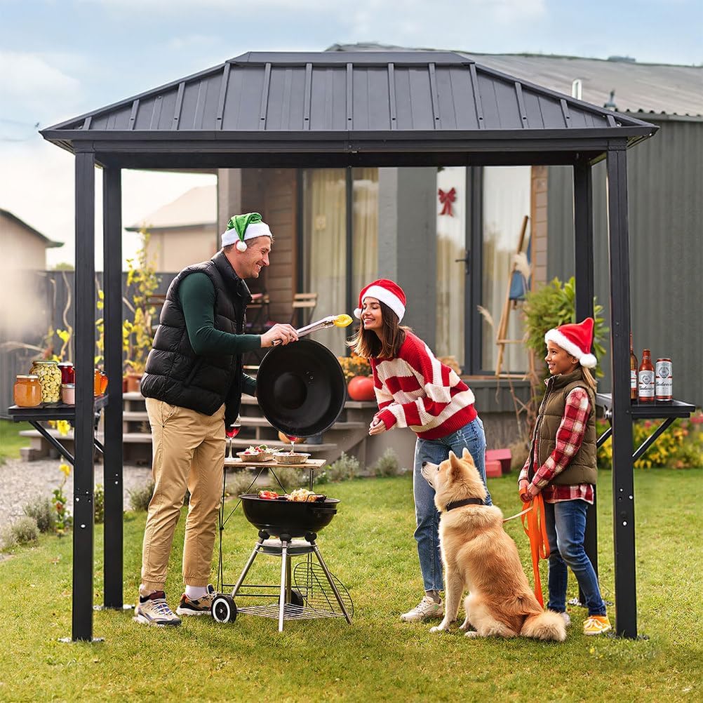 5'x8' Grill Gazebo,Outdoor Metal Hardtop BBQ Gazebo with Sturdy Aluminum Frame & Shelves - Outdoor BBQ Canopy Shelter for Patio, Backyard, Lawn, Garden