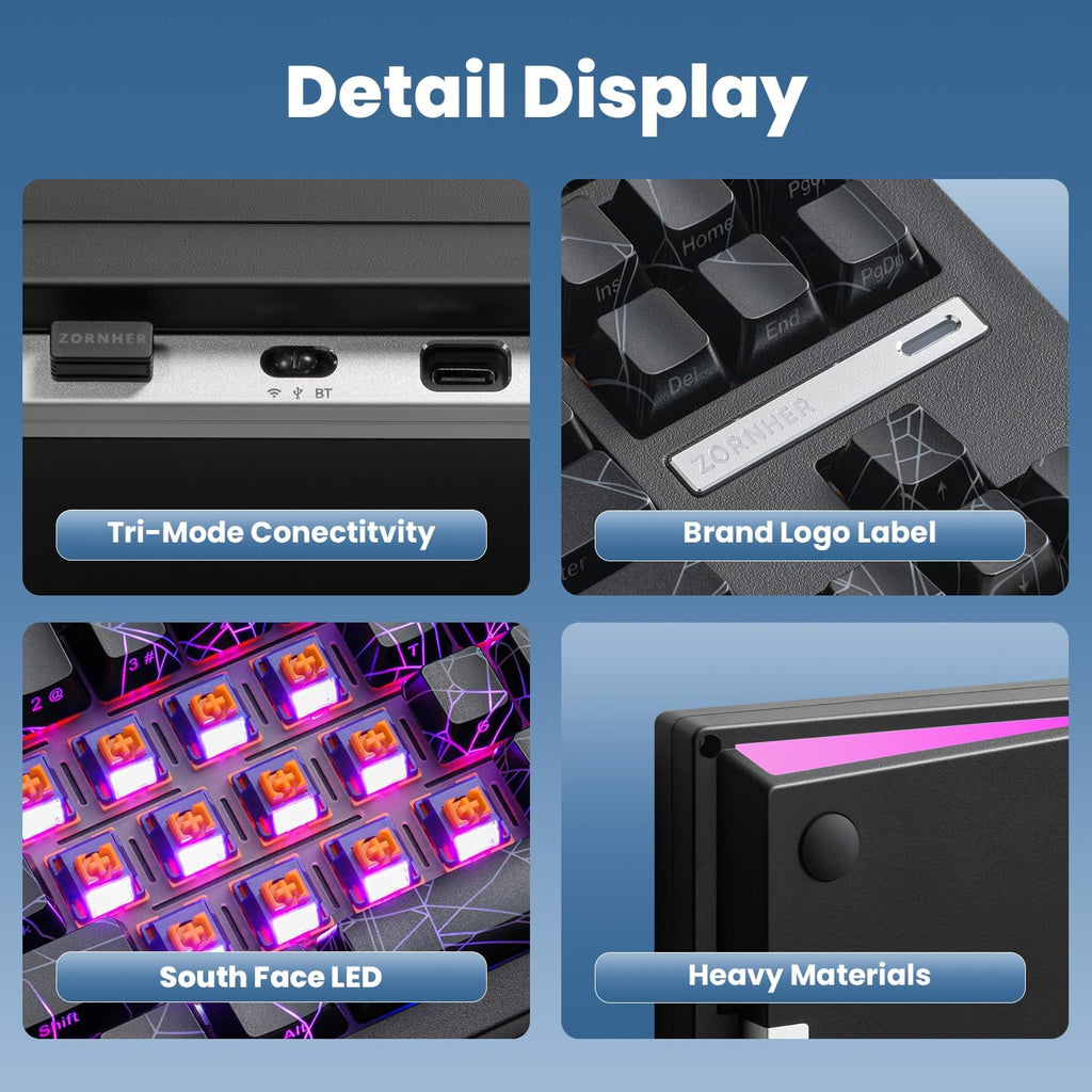 ZORNHER ZH870 Wireless Gaming Mechanical Keyboard,80% Black Custom Creamy Sound Keyboard with Spider Web IMD PC Keycaps,Creamy Sounding Linear Switches,Hot-Swappable,RGB Backlit,2.4GHz/USB-C/BT5.0