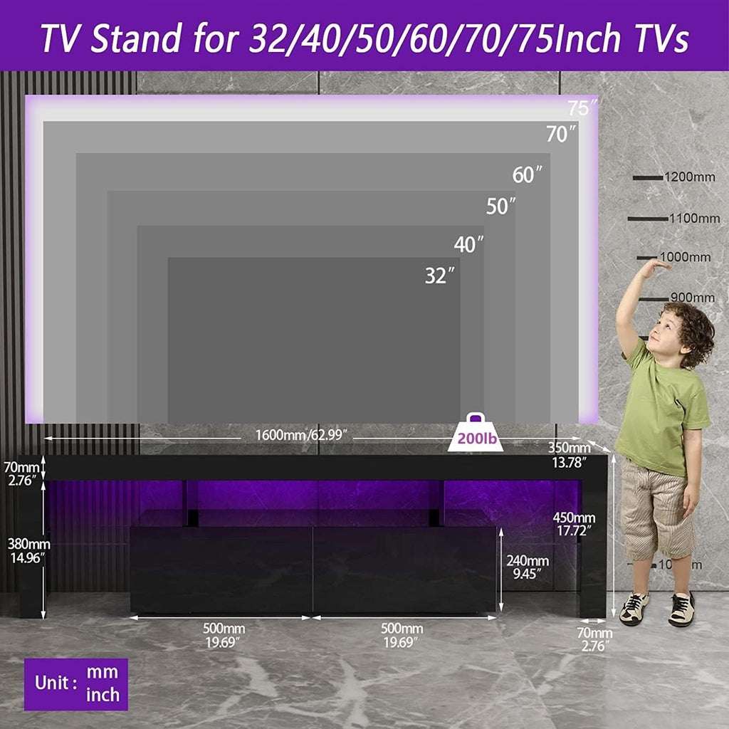 Black TV Stand, 60 65 70 75 inch Wood TV Stand, High Glossy Entertainment Center with Large Drawers＆Glass Display Shelf, LED Modern Media Gaming Cabinet TV Console for Livingroom, Bedroom