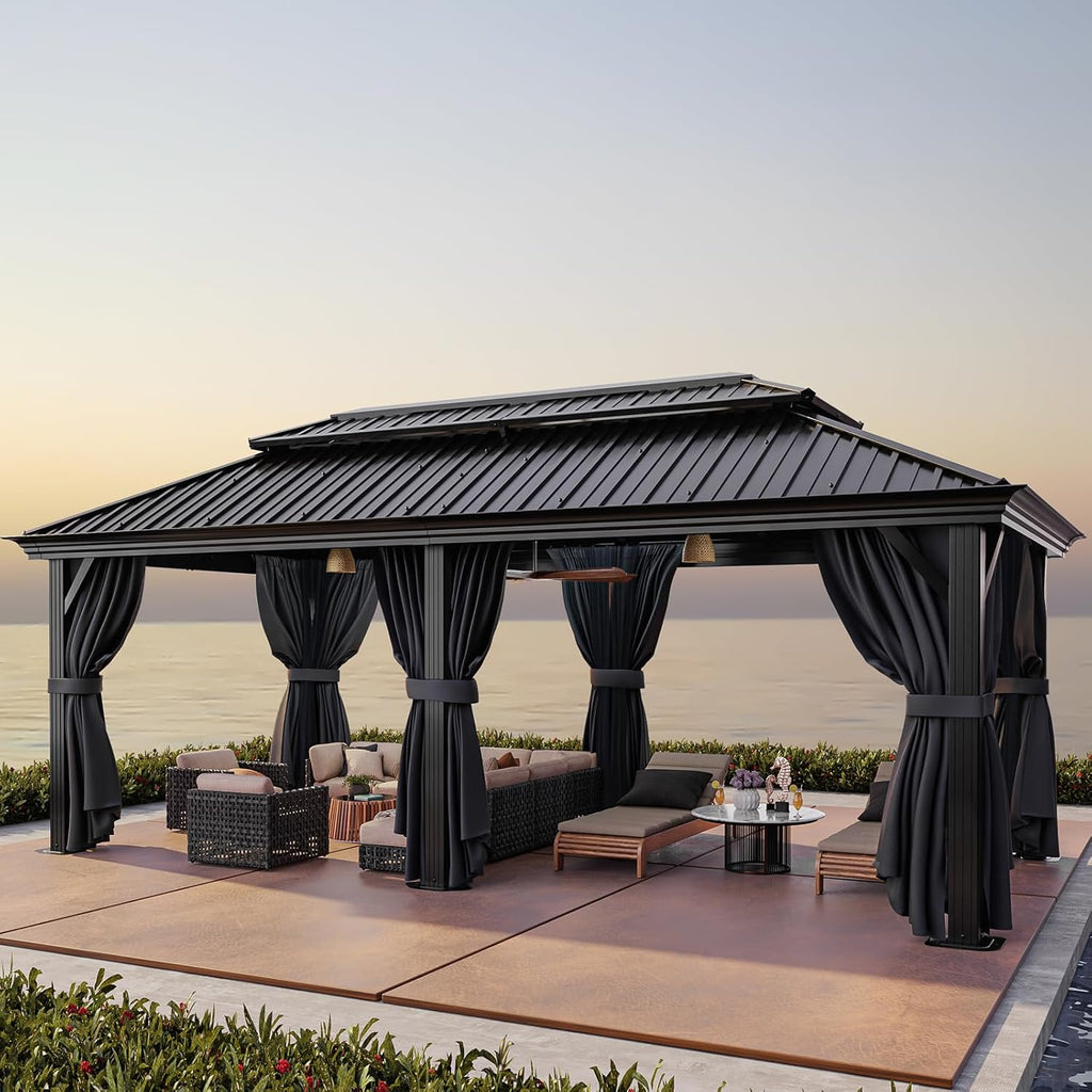 HOTEEL 12x20 Hardtop Gazebo with Metal Roof, Heavy Duty Galvanized Steel Gazebo with Reinforced Aluminum Frame, Flame-Resistant Curtains and Netting, Suitable for Gazebo 10x20, Black (Upgraded 1.0)