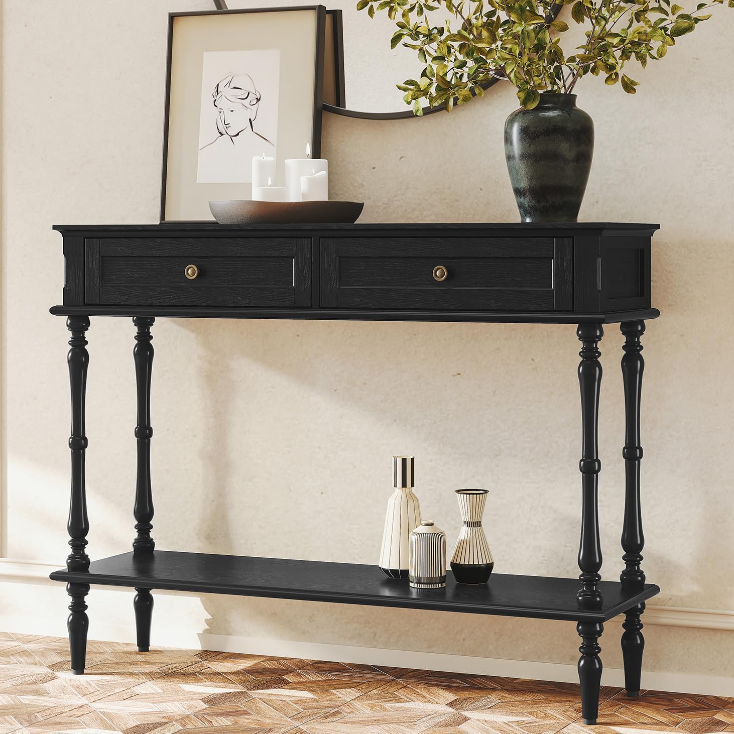 ARTPOWER Console Table for Entryway with 2 Drawers-Minimal Assembly,Retro Entryway Tables with Storage Cabinets and Open Shelf,Narrow Long Couch Table Behind Sofa for Living Room,Foyer,Hallway,Black