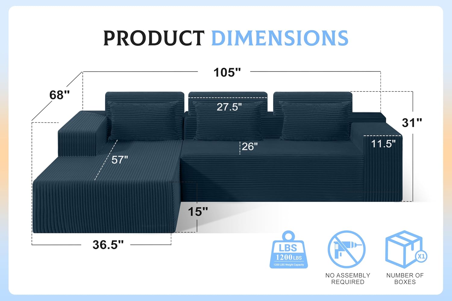 Homguava Modular Sectional Couches for Living Room,105' Cloud Couch with L-Shape Chaise,Comfy Sofa Living Room Sofas with Deep Seat,No Assembly L Couch,Corduroy Fabric(Blue,L)