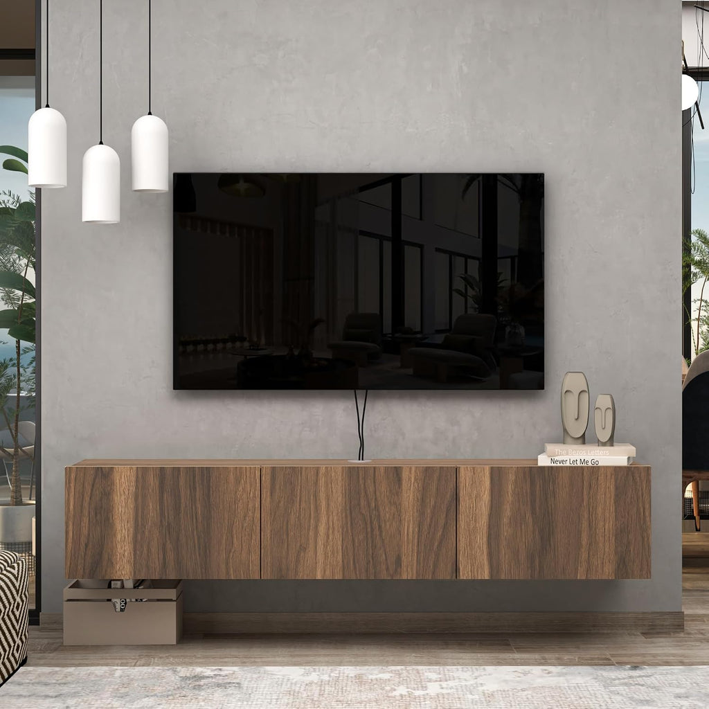 Atelier Mobili Walnut Floating TV Stand for 75 inch TV, Floating Media Console, Floating Entertainment Center, Wall Mounted TV Stand