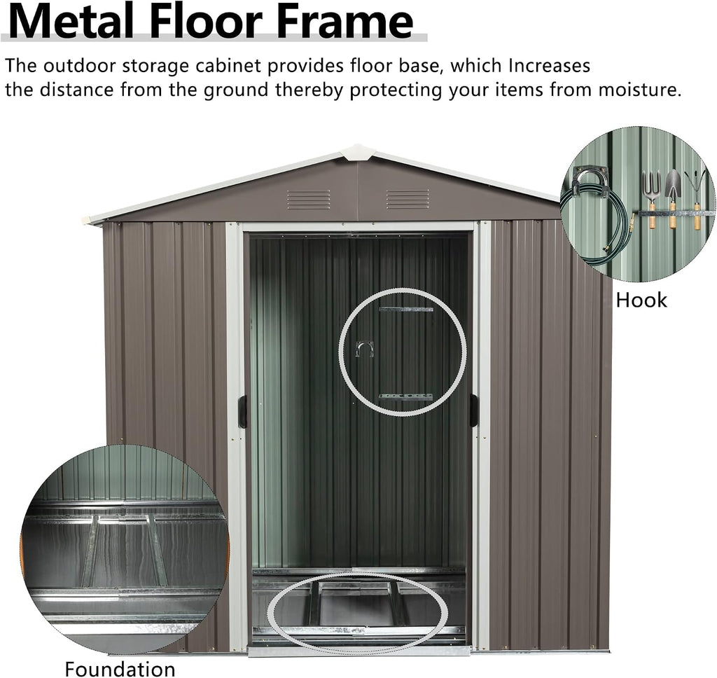 6X5 ft Outdoor Metal Storage Shed with Floor Floor, Lockable Galvanized Steel Tool Shed with Sliding Door and Air Vent, Waterproof Garden Storage House for Backyard, Patio