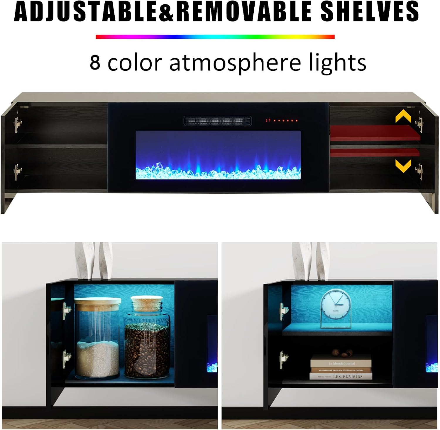 AMERLIFE Floating TV Stand with 36' Electric Fireplace, High Gloss Finish Wall Mounted Fireplace Entertainment Center with Storage for TVs Up to 78', Black