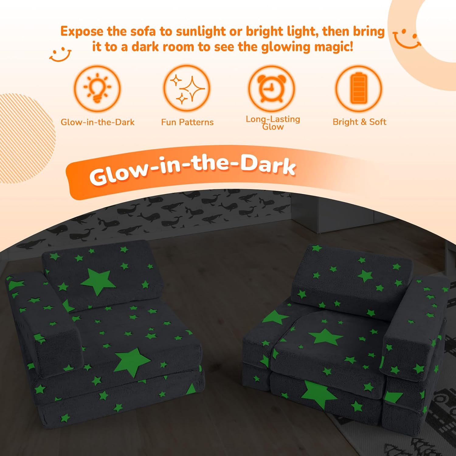 MeMoreCool Kids Modular Play Couch – 10-Piece Glow-in-the-Dark Foam Set Convertible Toddler Sofa | Fold-Out Bed for Boys & Girls | Sensory Fort Building Fun