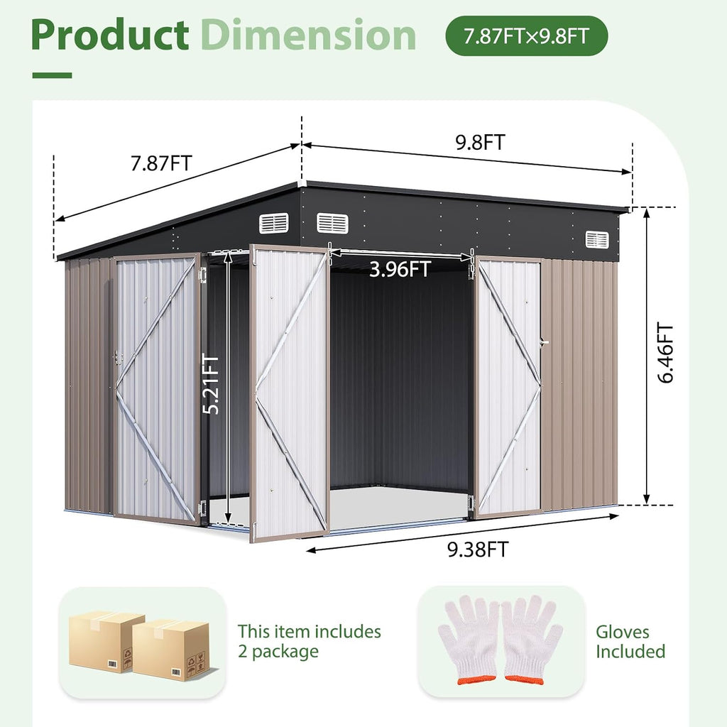 9.5' x 7.5' Outdoor Metal Storage Shed with Sloping Roof & Triple Lockable Doors for Tools, Bicycles, Garden & Patio (Brown)