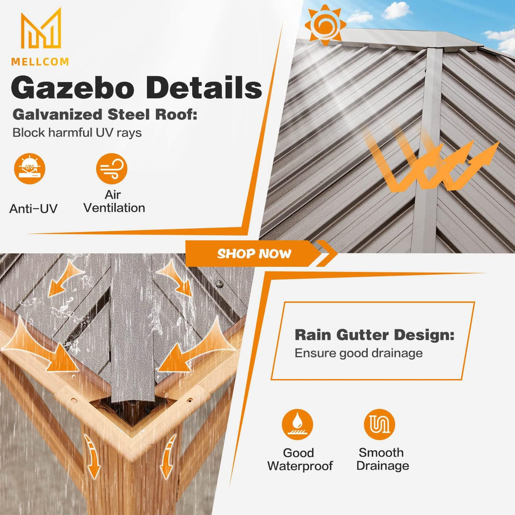 MELLCOM 12'x16' Gazebo, Wood Looking Gazebo with Aluminum Frame and Single Galvanized Steel Roof, Outdoor Permanent Metal Pavilion with Curtains and Nettings for Deck, Backyard and Patio
