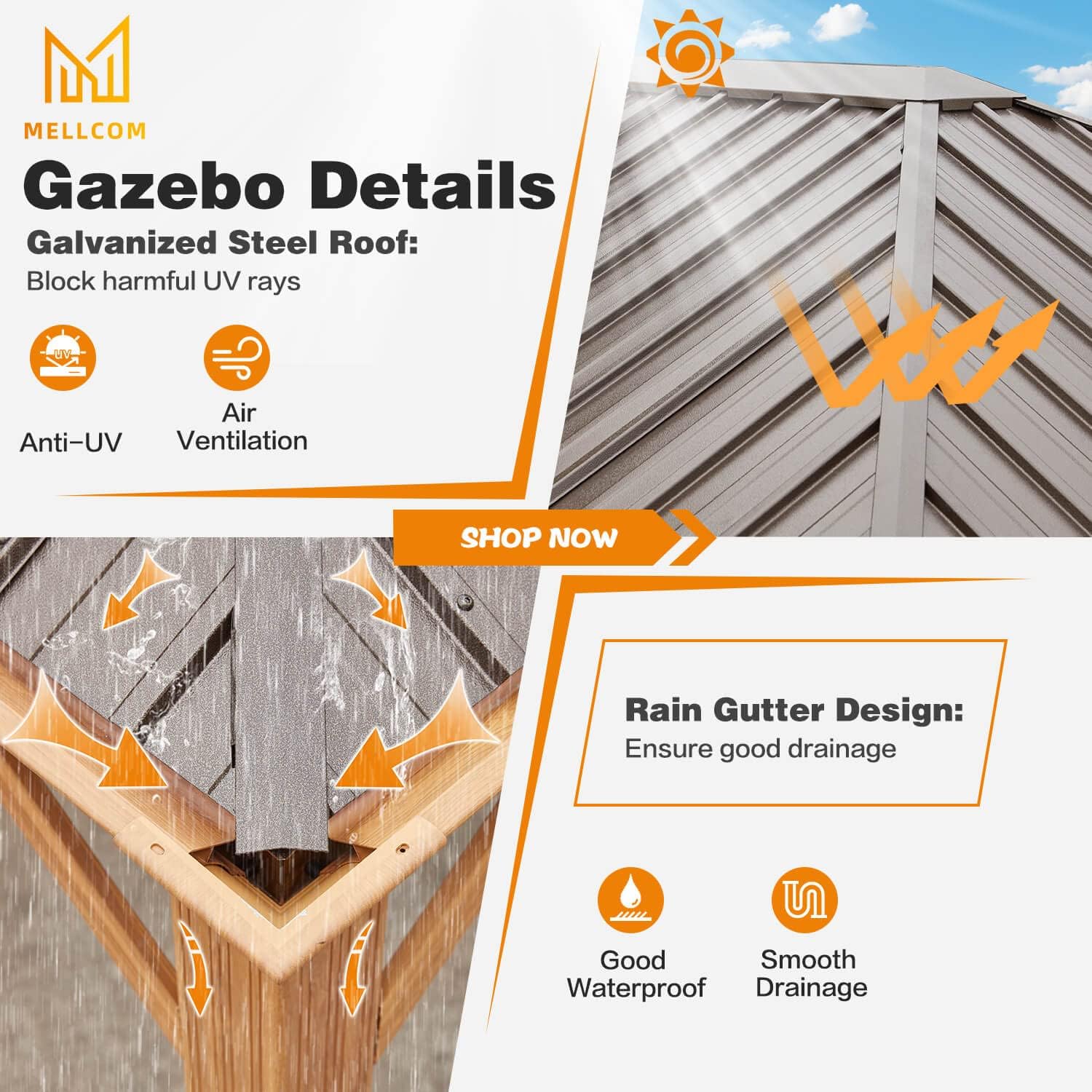 MELLCOM 12'x16' Gazebo, Wood Looking Gazebo with Aluminum Frame and Single Galvanized Steel Roof, Outdoor Permanent Metal Pavilion with Curtains and Nettings for Deck, Backyard and Patio