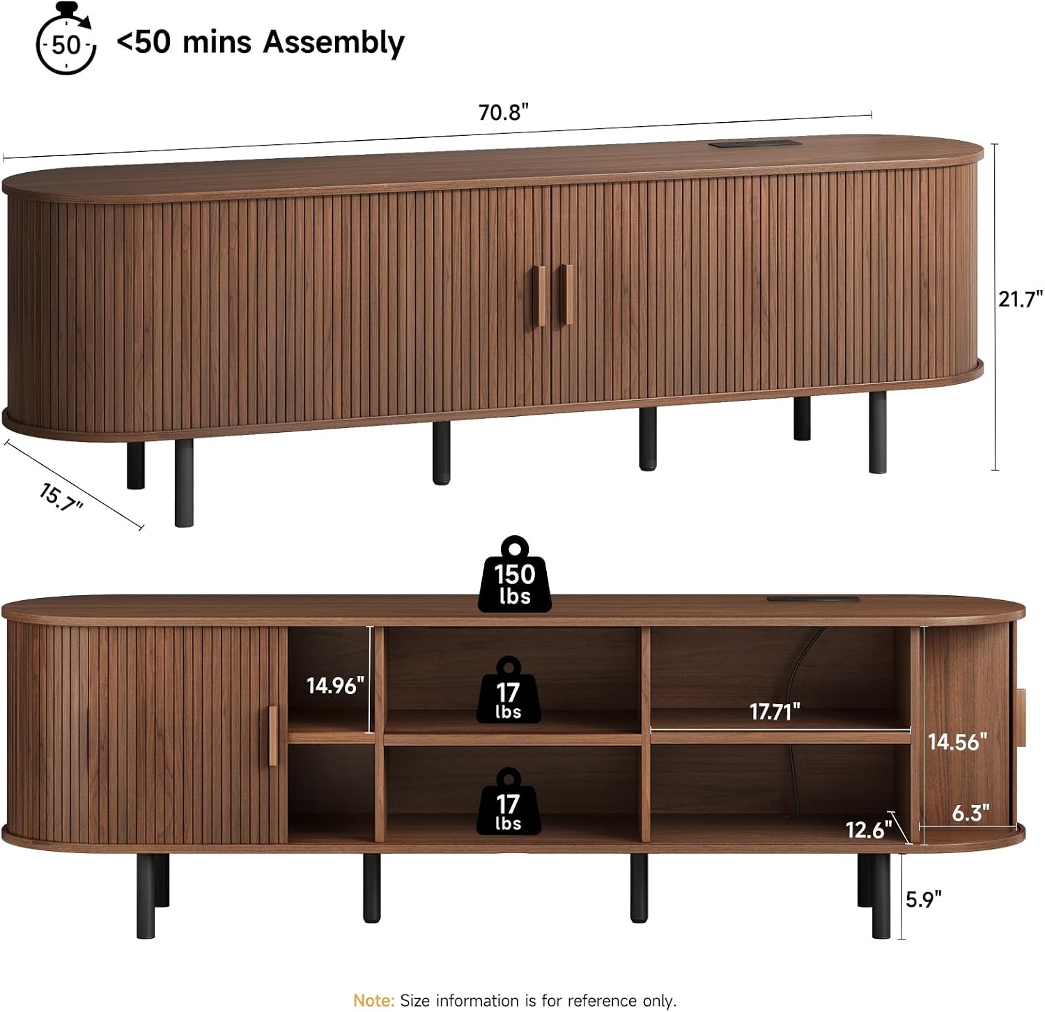 ONBRILL 70.8' TV Stand with Power Outlet for TVs up to 75 Inch, Entertainment Center with Storage and Adjustable Shelves, Modern Media Console with Sliding Doors for Living Room, Walnut