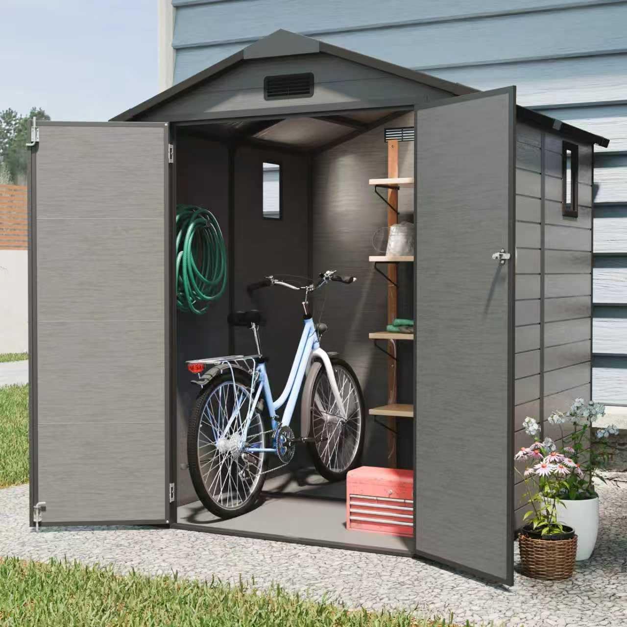 6x6 ft Outdoor Resin Storage Shed with Floor, Waterproof Plastic Garden Shed with Lockable Door, 2 Side Windows and Full-Length Ridge Skylight, All-Weather Tool Sheds for Backyard, Patio, Lawn