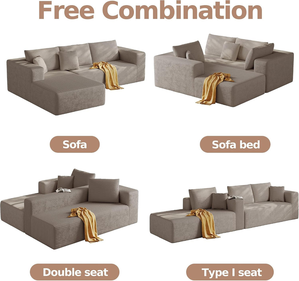 CHORRO108''Sectional Boneless Cloud Sofa,Modern Modular L-Shape Couch for Living Room,Corduroy Convertible Sponge Sleeper Sofas,Upholstered Lougne Chaise Couchs-with Soft Pillow(Camel,Left Chaise)