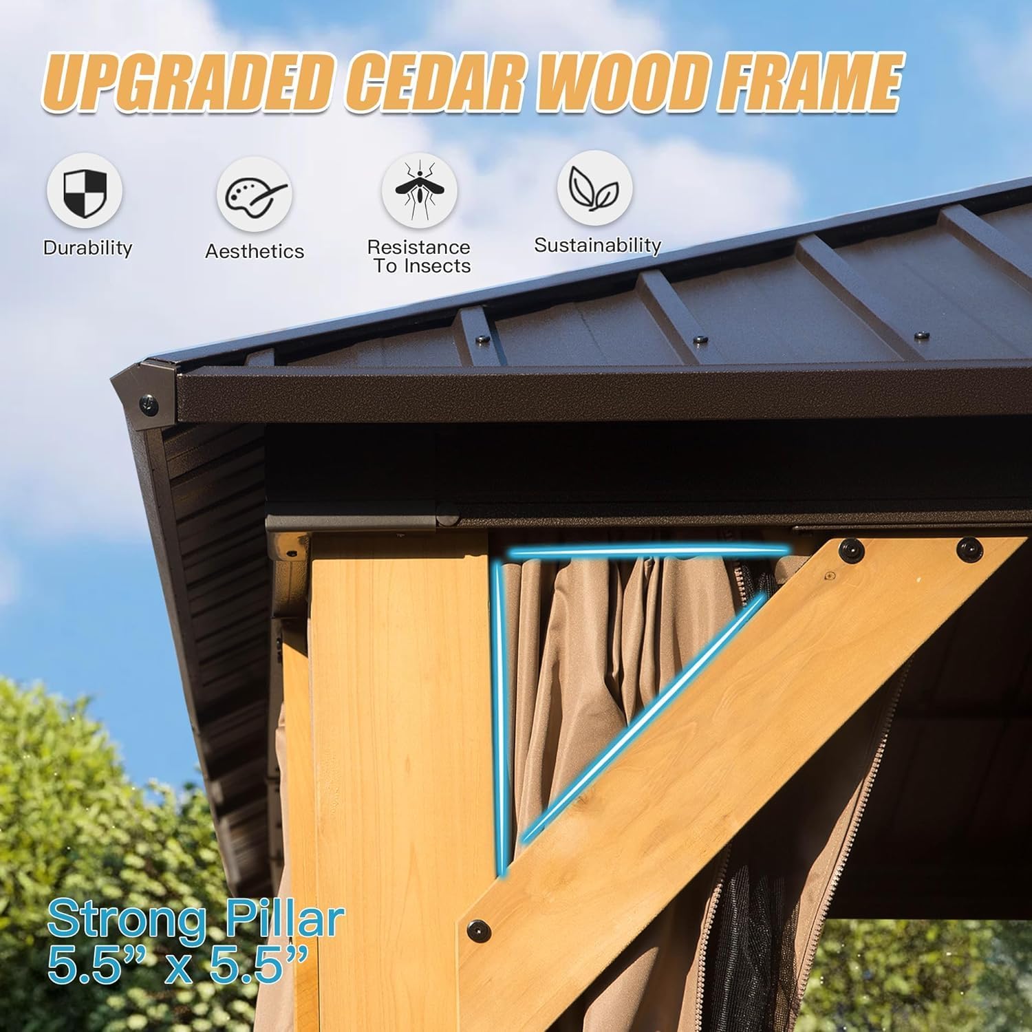 12x16FT Wood Gazebo, Solid Wood Hardtop Gazebo with Galvanized Steel Double Roof, Netting Curtains, Outdoor Gazebo for Patio, Backyard, Deck, Lawns