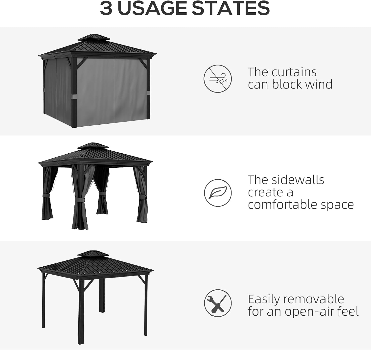 Outsunny 10' x 10' Hardtop Gazebo with Curtains and Netting, Permanent Pavilion Metal Double Roof Gazebo Canopy with Aluminum Frame and Hooks, for Garden, Patio, Backyard, Light Gray