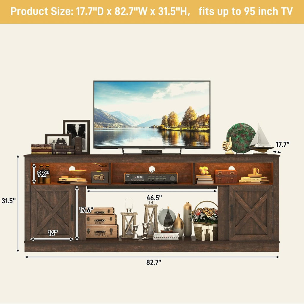 jiteentarou Farmhouse TV Stand for 85/90/95 Inch TV, 32'Tall Entertainment Center w/LED Light, Large Media Console Cabinet w/Barn Doors & Adjustable Shelves for Living Room, Brown