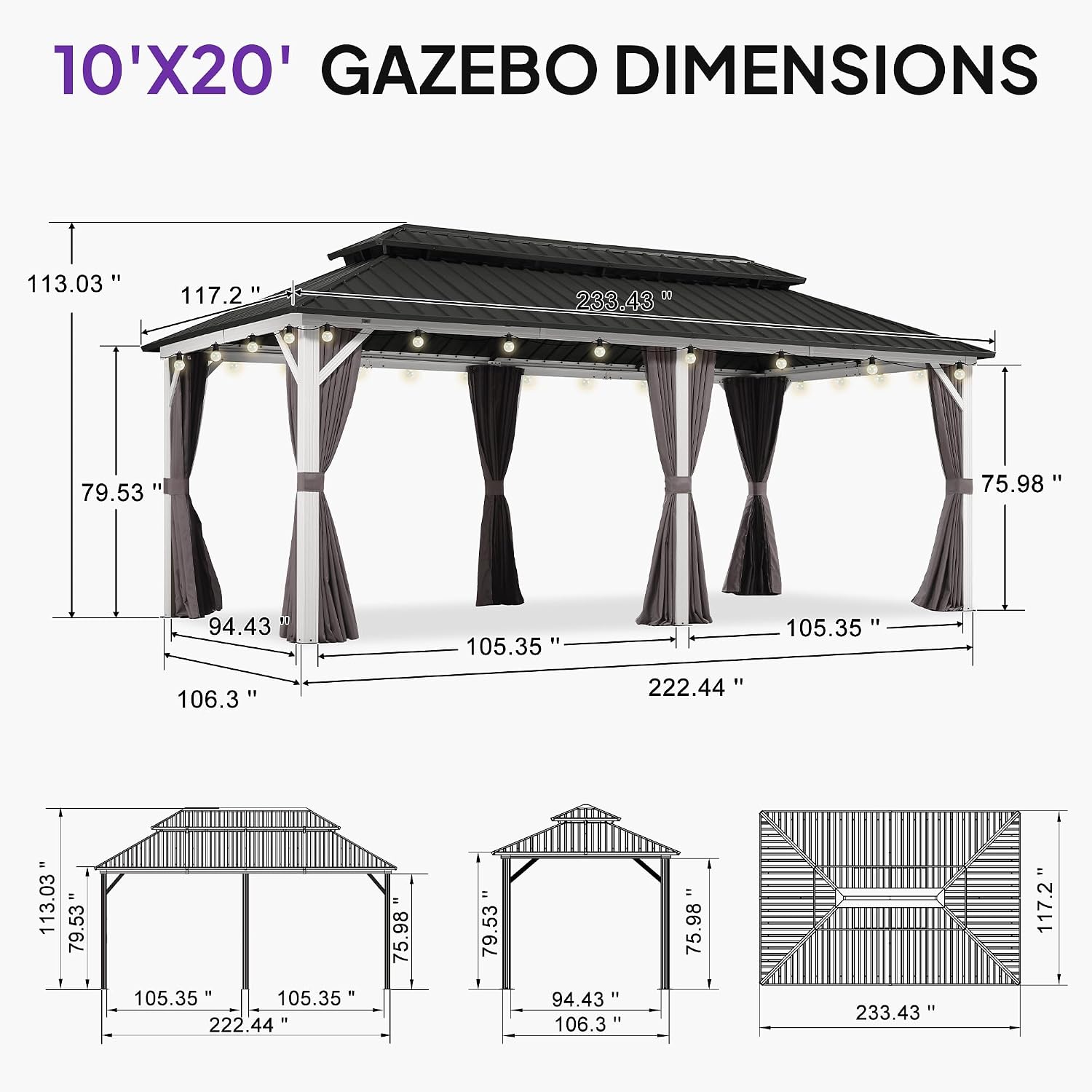 PURPLE LEAF 10' X 20' Outdoor Gazebo Galvanized Steel Double Roof White Aluminum Frame Hardtop Heavy Duty Gazebo with Curtain and Netting for Patio Garden and Backyard, Grey