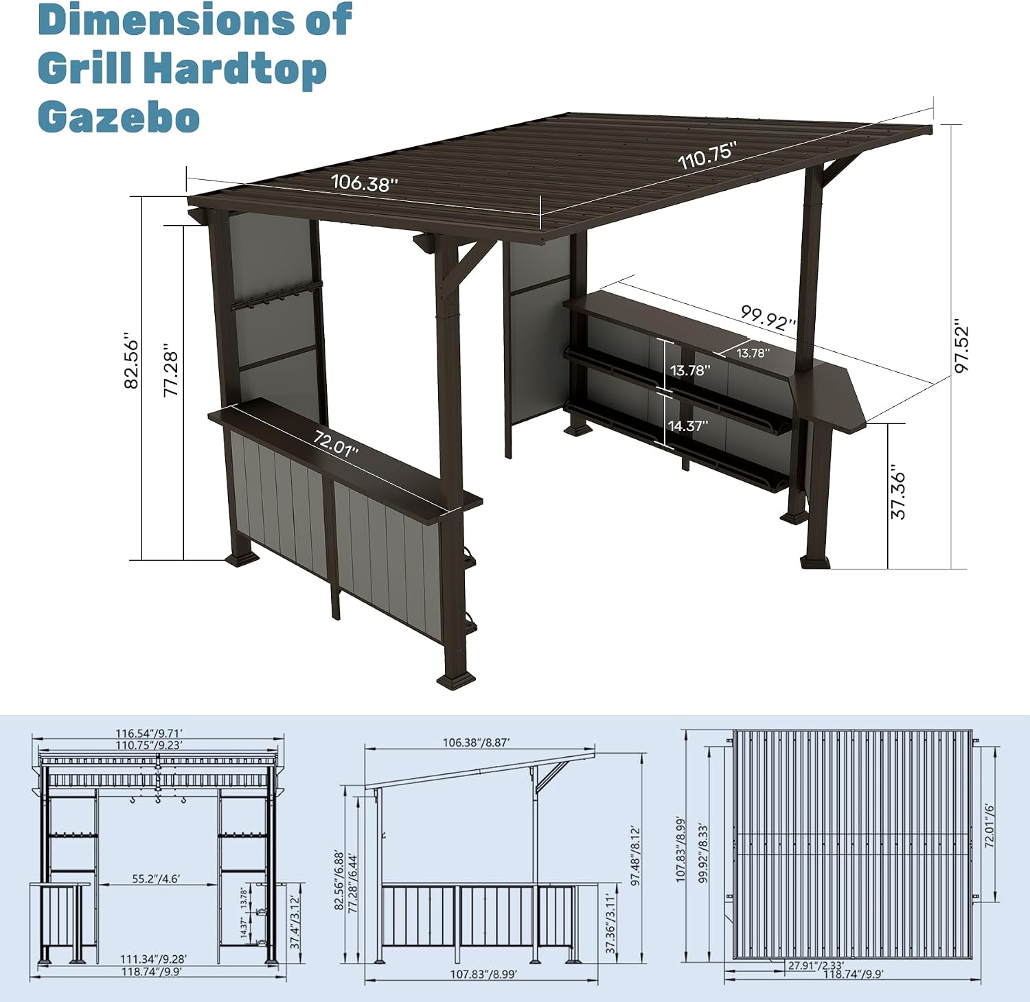 Domi 9x10FT Grill Gazebo Hardtop, BBQ Gazebo for Outdoor Grill with Storage Shelves and Expansion Platform, Metal Permanent Lean-to Canopy for Patio Backyard Lawn, Brown
