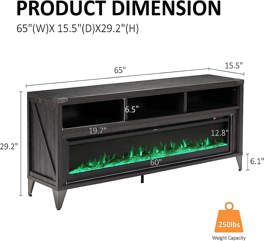 AMERLIFE 65' Fireplace TV Stand with 60' Glass Electric Fireplace, Industrial & Farmhouse Media Entertainment Center with Open Shelve Storage for TVs Up to 75', TV Console for Living Room, Black