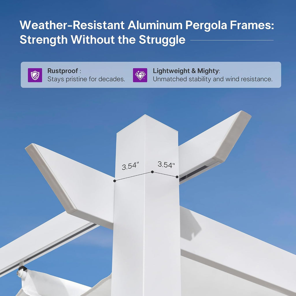 PURPLE LEAF 10' x 13' Aluminum Outdoor Pergola White Retractable Pergola with Double Sun Shade Canopy Wind-Resistant Heavy-Duty Metal Pergola for Patios Deck Backyard Garden, White