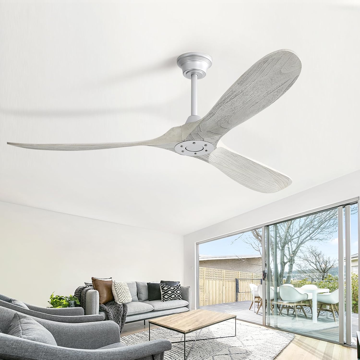 CACI Mall 60' Ceiling Fan no Light, Outdoor Ceiling Fans for Patios Without Lights, Remote Control, Solid Wood 3 Blades, Quiet, Indoor Ceiling Fan for Living Room, Patio, Bedroom, Porch, Farmhouse