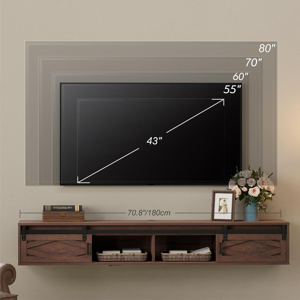 WAMPAT Floating TV Stand for TVs up to 80 Inch, Wood Entertainment Center with Charging Station, Sliding Barn Door Floating TV Shelf for Living Room,Rustic Brown