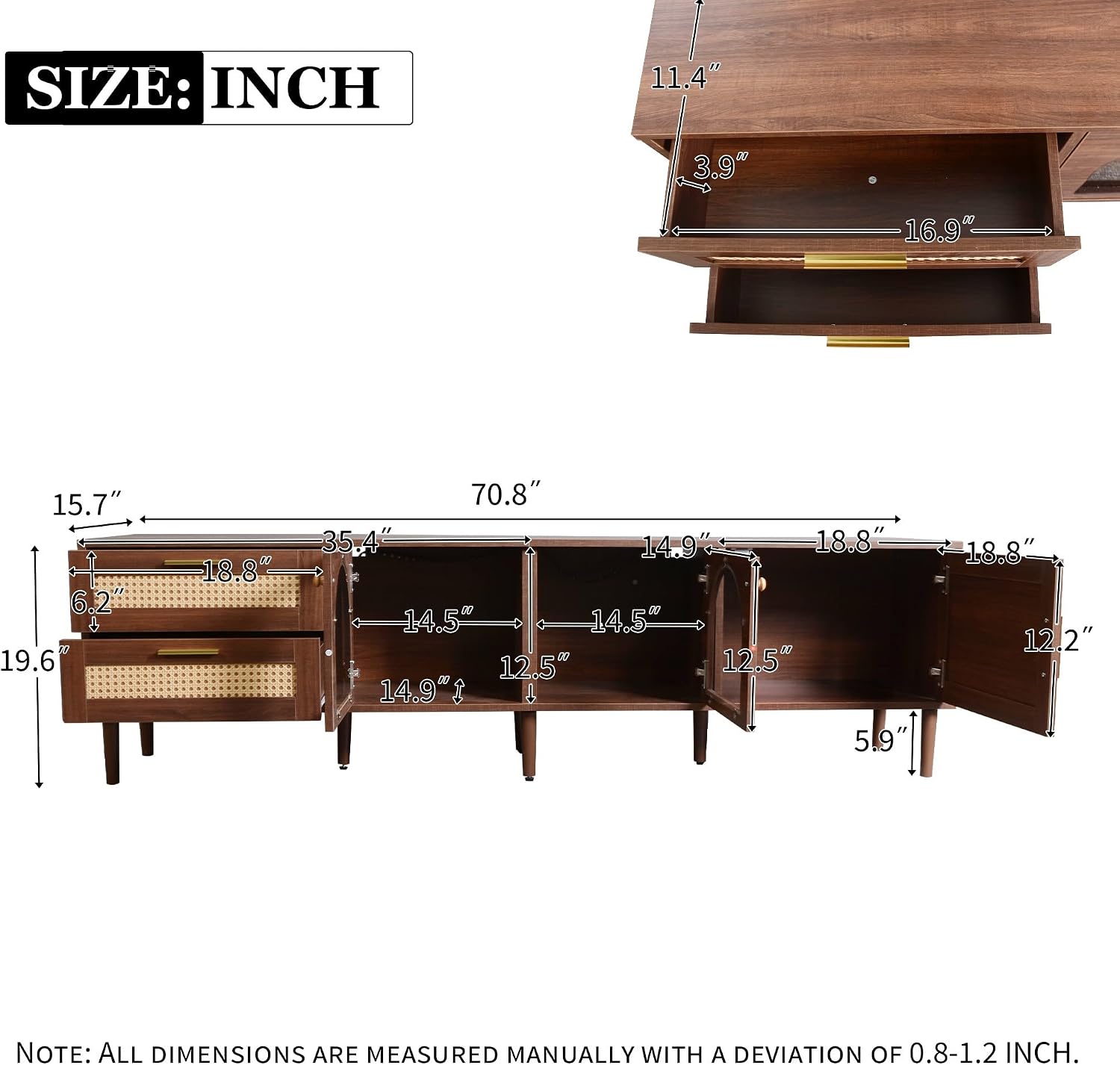 Rattan TV Stand with 3 Cabinets & 2 Drawers, LED Media Console Table for TVs up to 80'', TV Cabinet for Living Room, Entertainment Center，Bedroom, Home Theatre