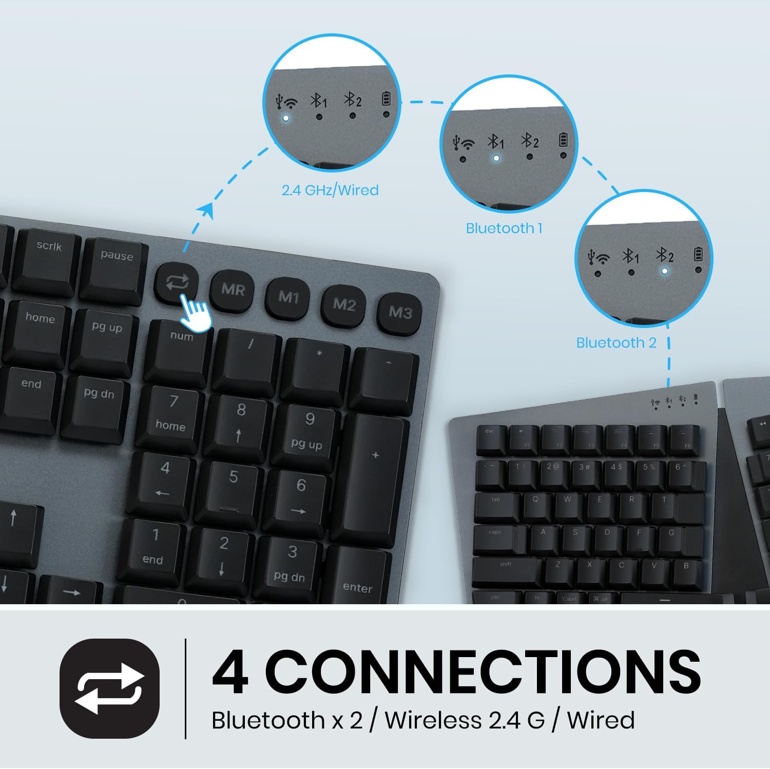 Perixx PERIBOARD-835BL Wireless Ergonomic Mechanical Keyboard - RGB Backlit - Low-Profile Blue Clicky Switches - Multi-Device Connection - Compatible with Windows and Mac OS X - US English