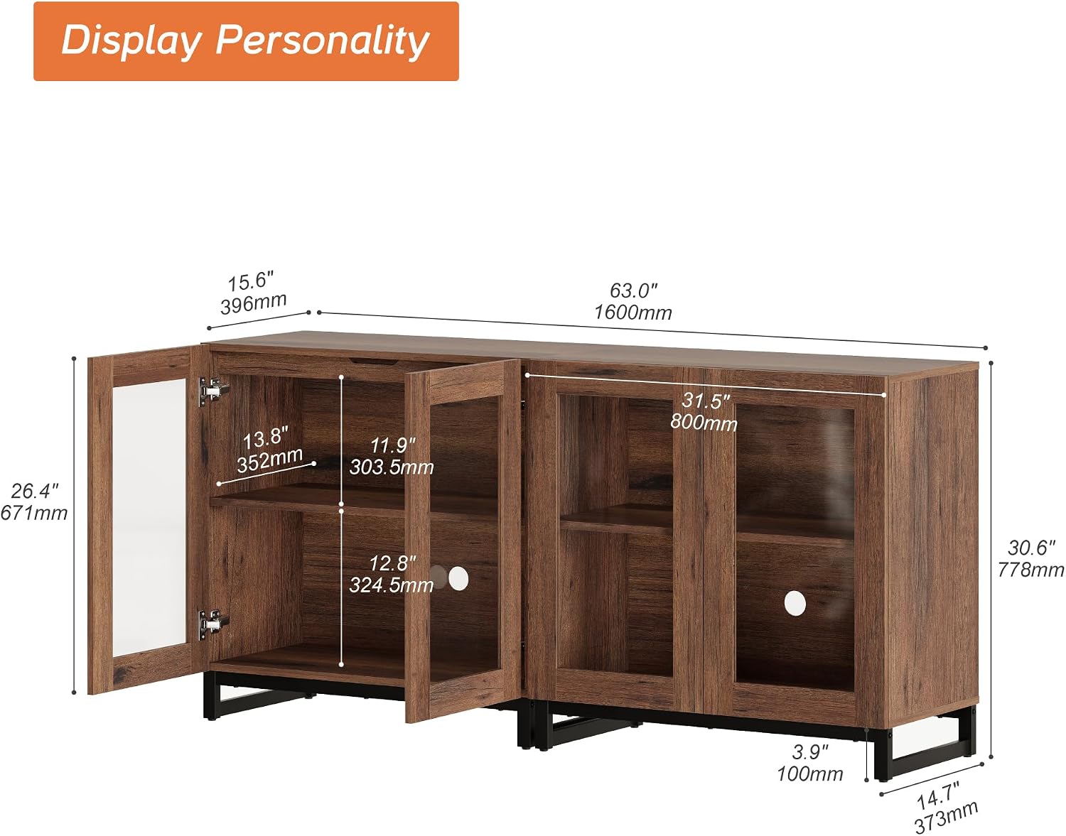 WAMPAT Modern TV Stand with Glass Doors for 40-70 inch TVs, 2 in 1 Entertainment Center Console with Adjustable Shelves and Metal Base for Living Room, Bedroom, Brown
