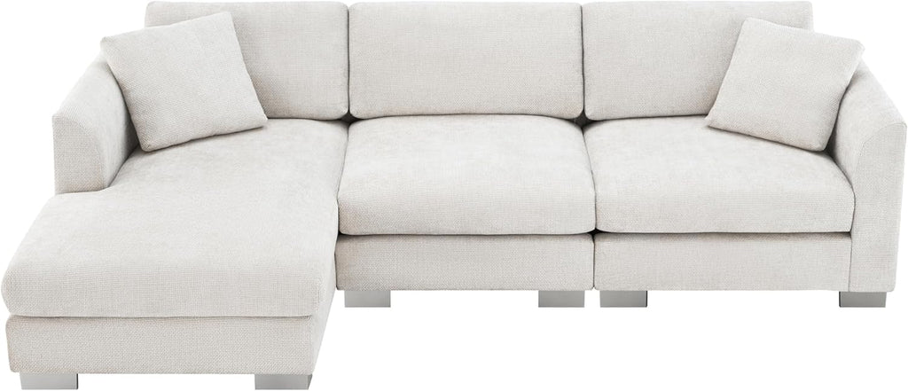 Merax Modern Chenille Sectional Sofa with Oversized Chaise, L-Shaped Couch with 2 Free Pillows, 4-Seat Sleeper Lounge for Living Room, Apartment,Office Minsk Gray