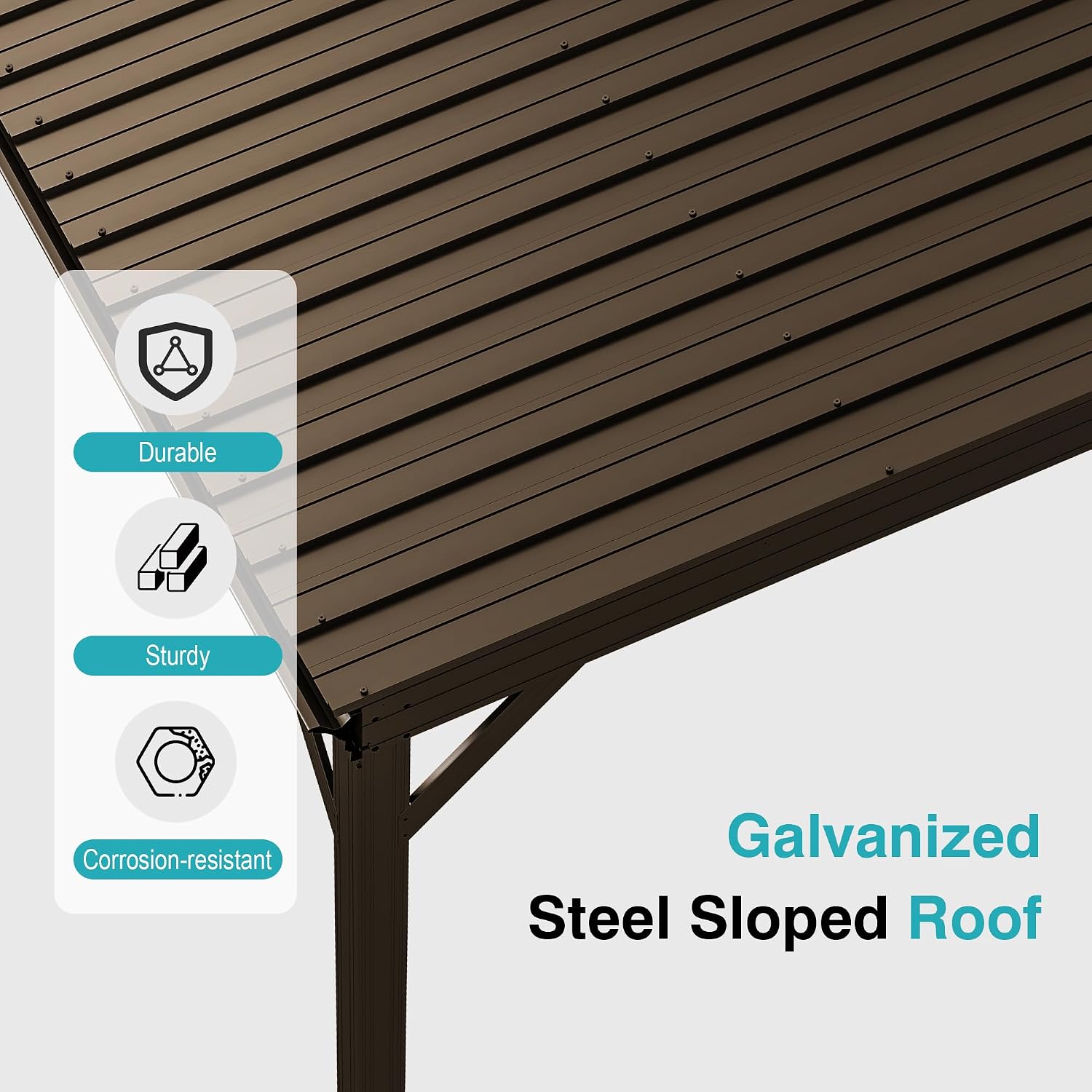 Domi 8x8FT Lean to Gazebo, Outdoor Hardtop Wall Mounted Gazebo with Sloping Galvanized Steel Roof, Upgraded Heavy Duty Mounted Shelter with Drainage System for Deck, Porch, Backyard, Brown