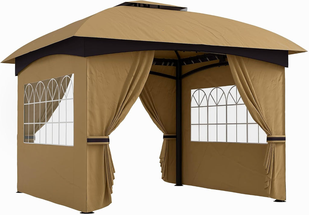 Outsunny 11' x 11' Outdoor Gazebo, Arc Patio Gazebo Canopy Shelter, UV Protected, with Curtains, Church Windows, Double Roof, Galvanized Steel Frame for Lawn, Backyard and Deck, Beige