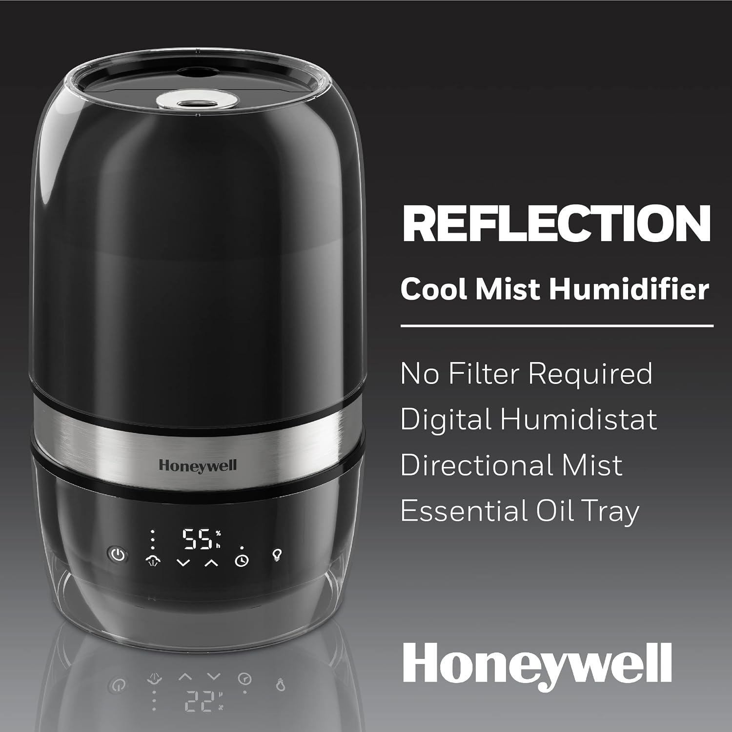 Honeywell Reflection Ultrasonic Cool Mist Humidifier. Cool Mist Top Fill Humidifier for Medium Room, Bedroom, Kids Room, and Office. Helps relieve cough and congestion - Black, HUL900B