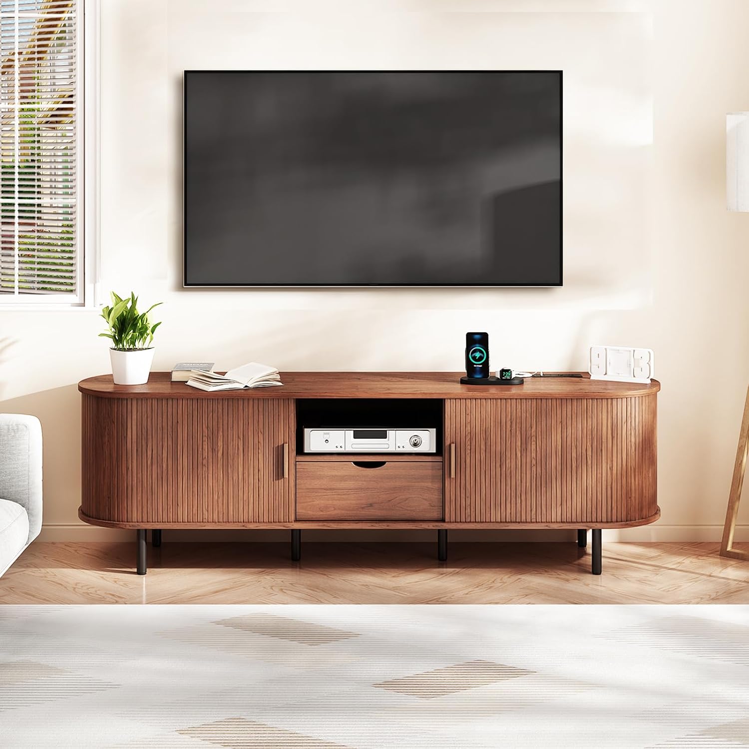 69' Mid-Century TV Stand with Power Outlet, Fluted Entertainment Center with Storage Drawer, TV Console with Sliding Door and Adjustable Shelves, TV Stand up to 80' for Living Room, Bedroom, Walnut