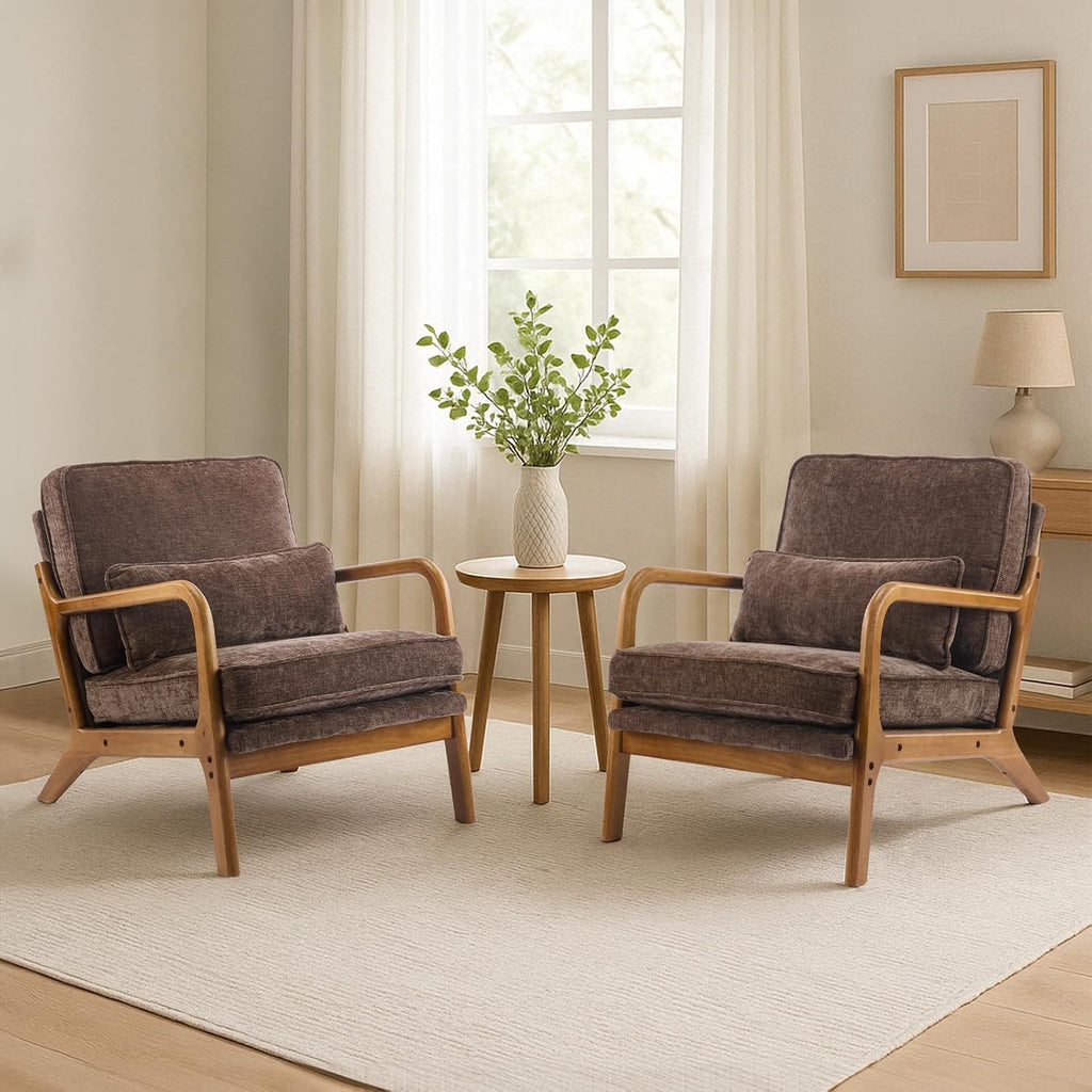 Karl home Mid Century Modern Accent Chair with Lumbar Pillow & Oak Arms – Plush Chenille Living Room Chair for Bedroom, Lounge (Brown)