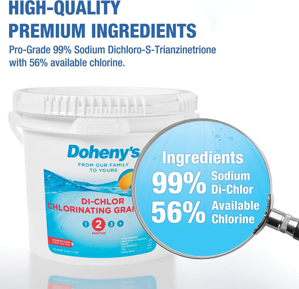 Doheny's Di-Chlor Granular Chlorine | Pro-Grade 3-in-1 Pool Sanitizer, Shock & Algaecide | Fast-Dissolving, Calcium-Free, No Residue | 99.5% Sodium Dichlor with 56% Stabilized Chlorine | 50lb Bucket