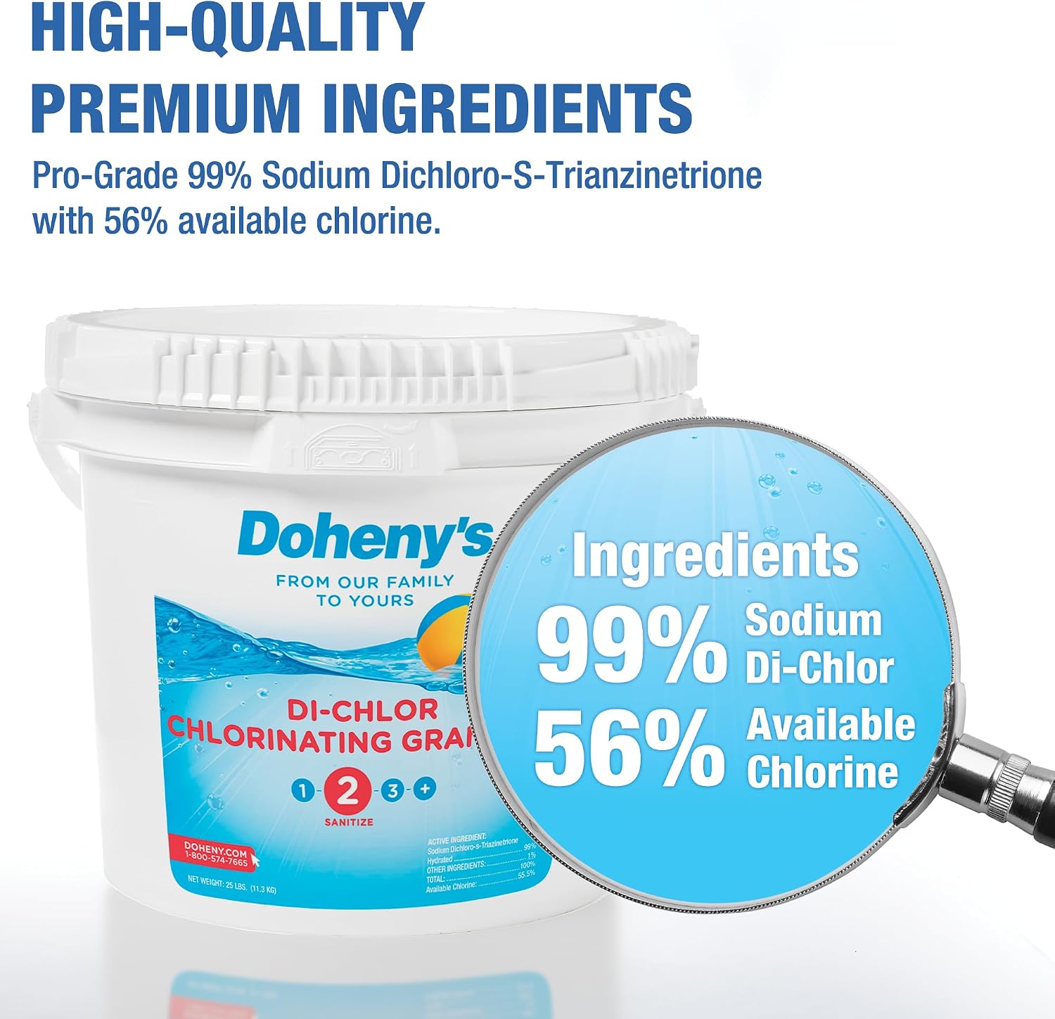 Doheny's Di-Chlor Granular Chlorine | Pro-Grade 3-in-1 Pool Sanitizer, Shock & Algaecide | Fast-Dissolving, Calcium-Free, No Residue | 99.5% Sodium Dichlor with 56% Stabilized Chlorine | 50lb Bucket
