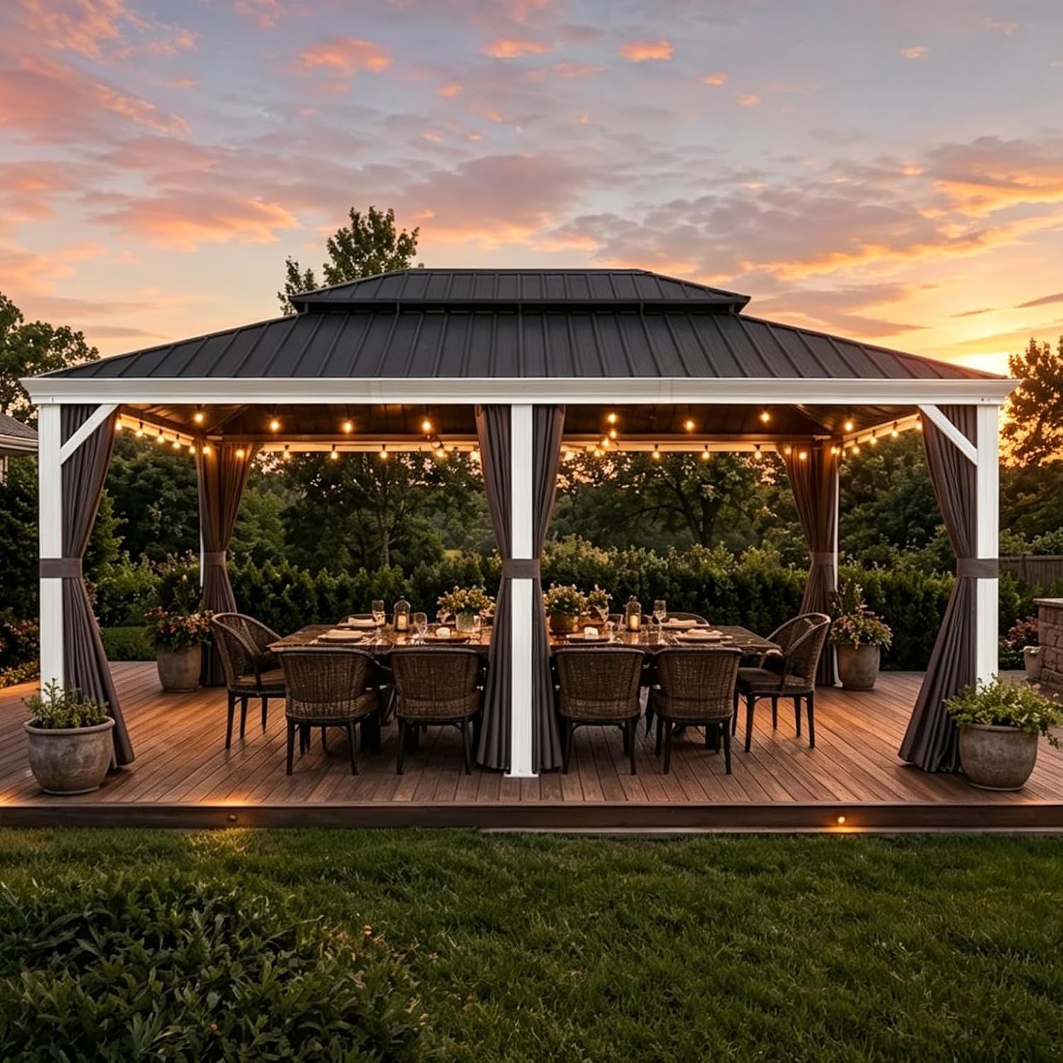 PURPLE LEAF 14' X 20' Outdoor Gazebo with Double Galvanized Steel Hardtop Double Roof Awning and Upgrade Curtain for Patio Lawn and Garden, Grey
