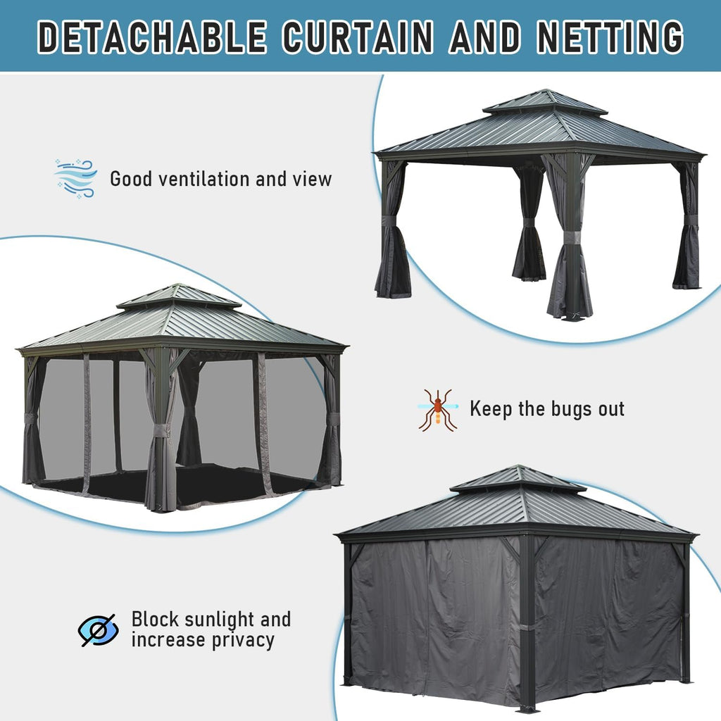 Domi Hardtop Gazebo 12x12FT, Outdoor Gazebo with Galvanized Steel Double Roof, Aluminum Frame, Built-in Gutter System, Curtain and Netting, Metal Gazebo Pavilion for Patio Deck Garden, Grey