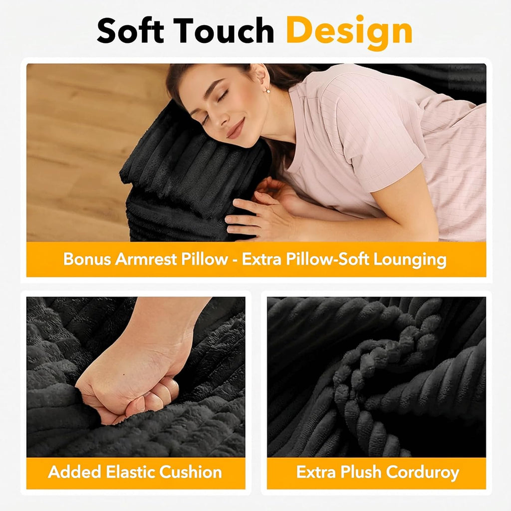 Boneless Loveseat Sofa, 60in Cloud Couch Sofa for Living Room 2 Seater Modern Lounge Sleeper Couch with Removable Cover Corduroy with Armrest, Seat Cushion & Pillows for Small Spaces, Black