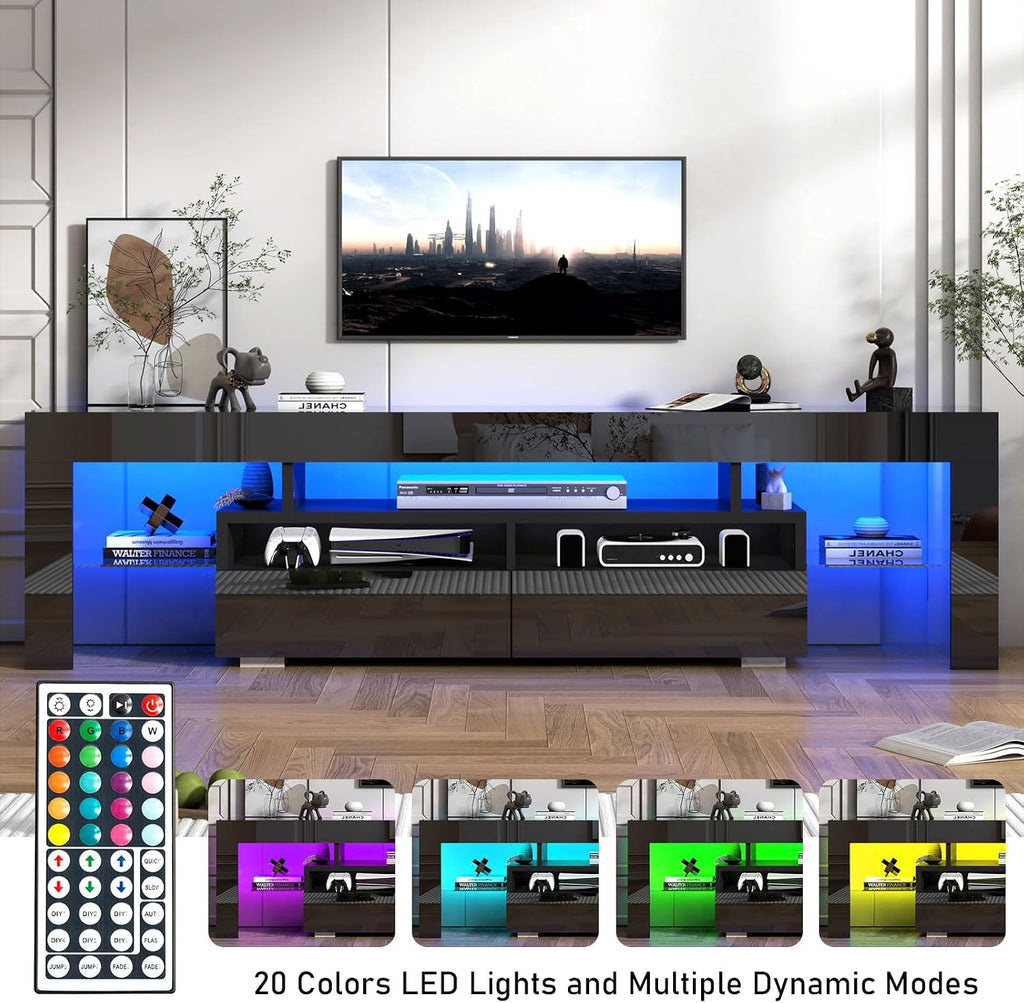 Squireewo TV Stand with 16 Color LED Lights, Media Console with Drawer and Glass Open Shelf for 65/75/85 inch TV, Modern Gloss Entertainment Center for Living Room Bedroom, Black