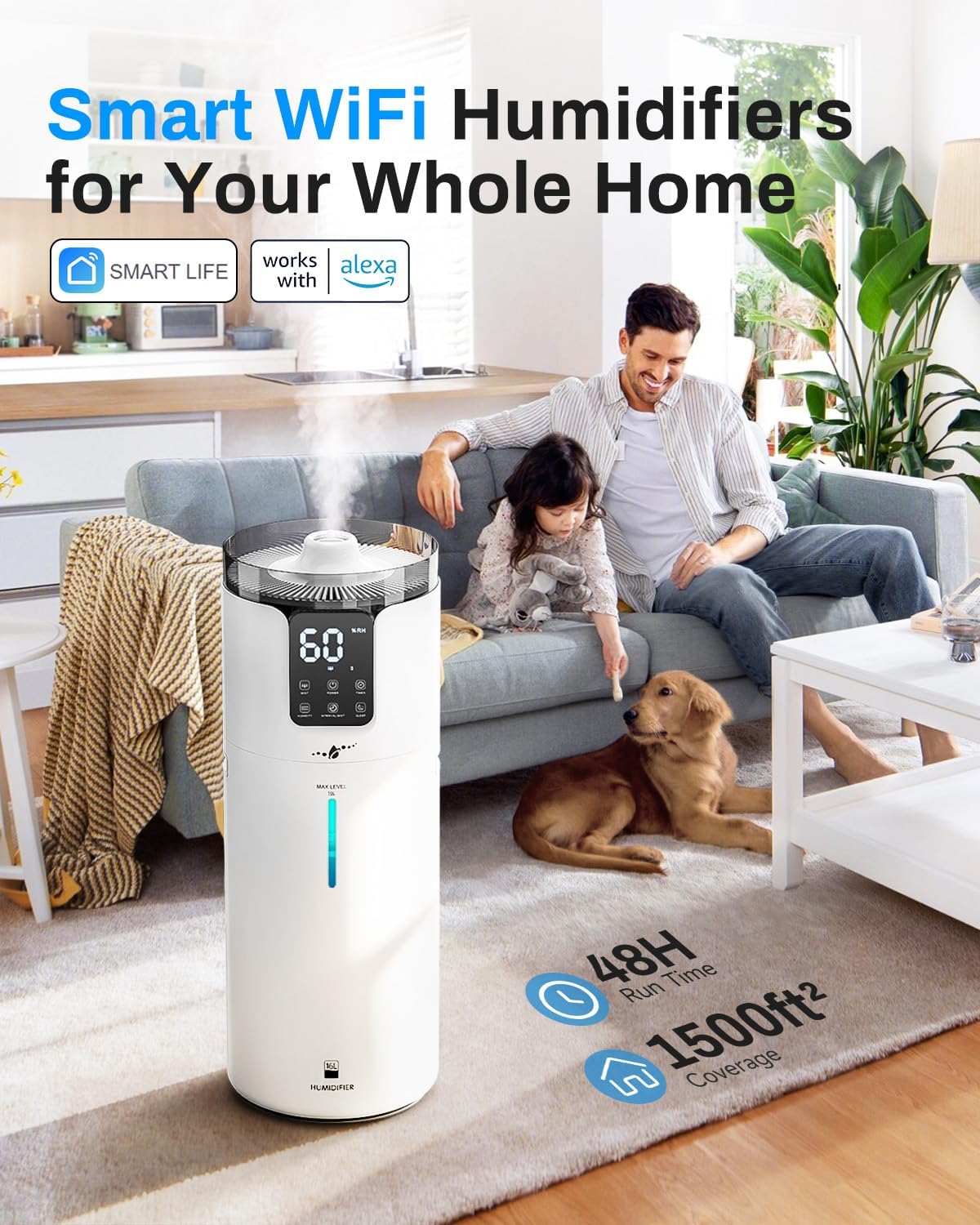 Lacidoll 16L Smart Humidifier large room, Whole house Humidifier for Home 1500 sq.ft with APP/Voice/Remote Control, Ultrasonic Cool Mist Humidifiers for Bedroom, Plants, office with Tube, White
