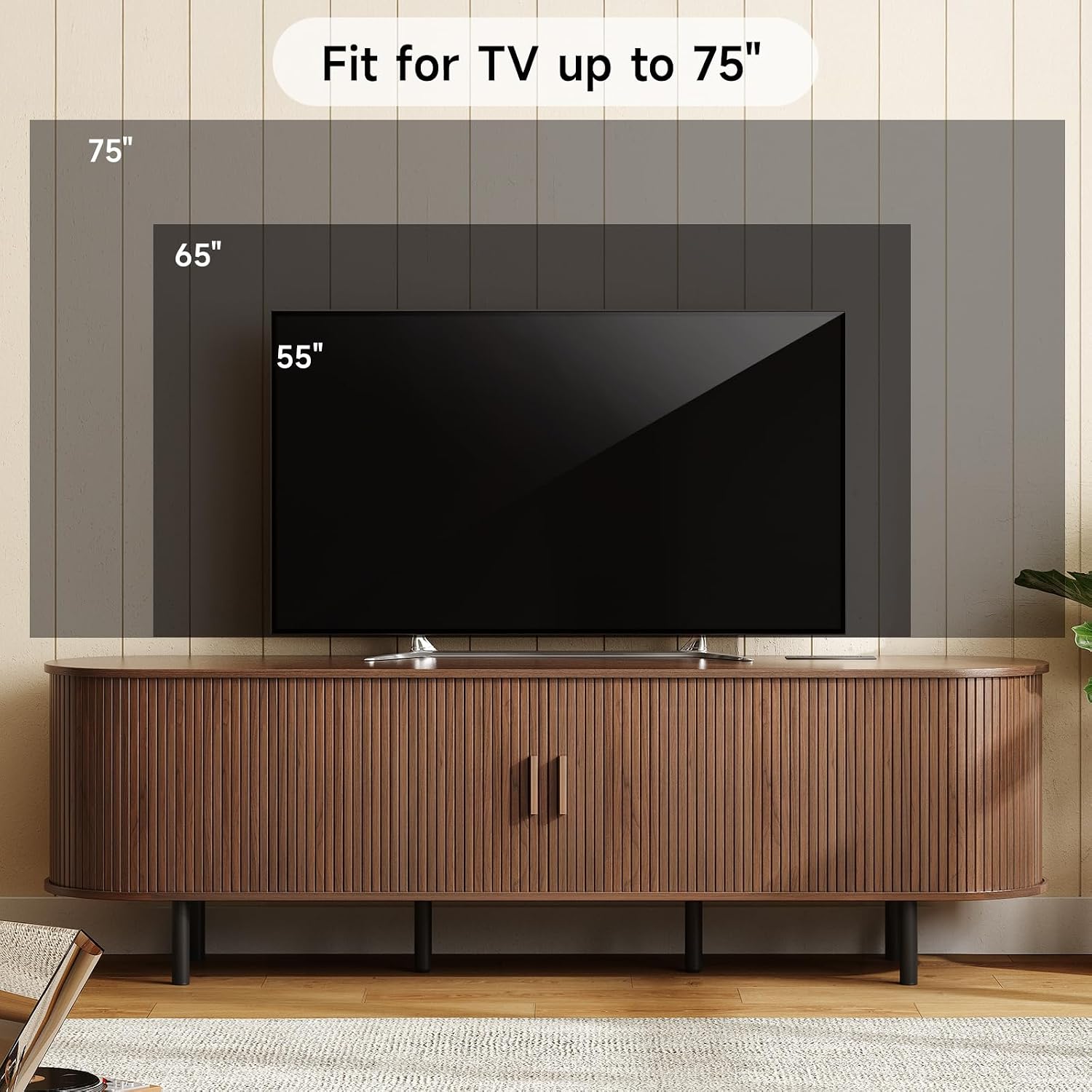 ONBRILL 70.8' TV Stand with Power Outlet for TVs up to 75 Inch, Entertainment Center with Storage and Adjustable Shelves, Modern Media Console with Sliding Doors for Living Room, Walnut