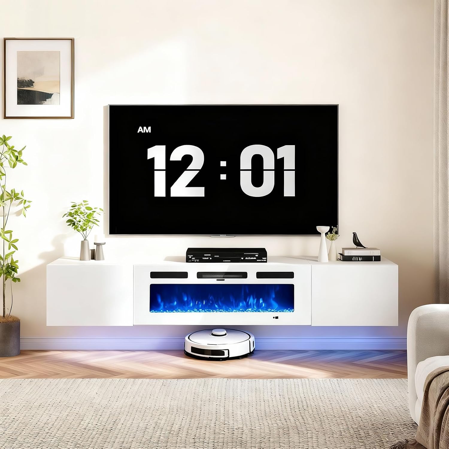70'' Floating TV Stand with 36' Electric Fireplace, Wall Mounted Entertainment Center with Storage for TVs up to 80', Adjustable 12-Color LED Lights Media TV Console for Living Room,All White