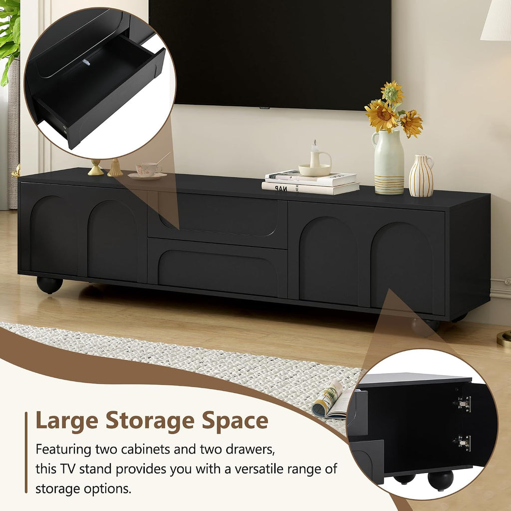 Cream Style TV Stand with Arched Doors & 2 Drawers for TVs up to 75', Minimalist Media Console with Rebound Device, Entertainment Center with 5 Iron Round Legs for Living Room, Bedroom, Black