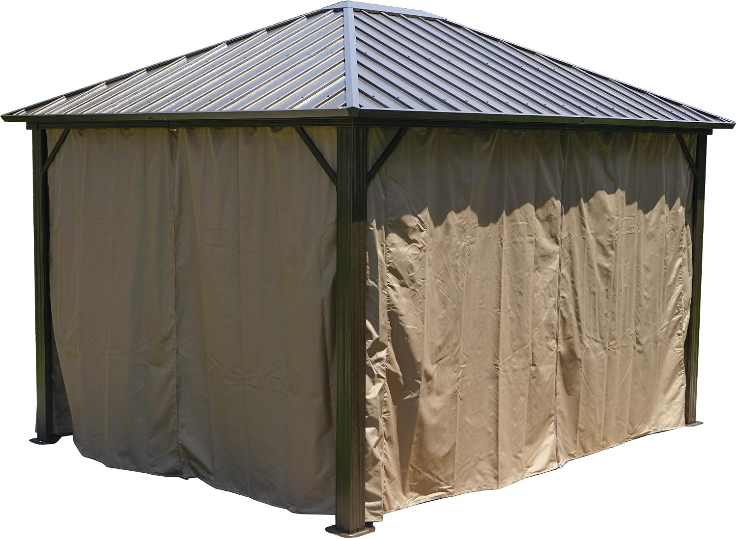 Kozyard10'x12' Hardtop Gazebo Permanent Metal Pavilion with Netting and Shaded Curtains for Patio, Backyard, and Deck - Galvanized Steel Outdoor Aluminum Canopy, Double Roof Gazebo (Brown)