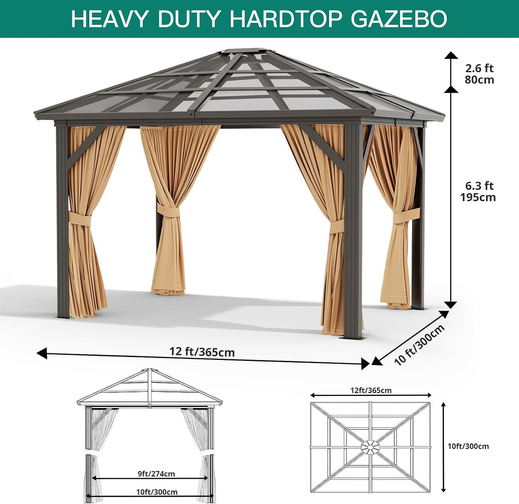 GarveeLife 10x12 ft Gazebo, Hardtop Outdoor Canopy Aluminum Frame Permanent Gazebo with Netting and Curtains, Polycarbonate Garden Tent for Patio, Lawn, Backyard, Deck (10 ft x12 ft)